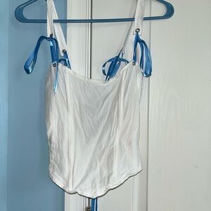 White Corset Top with Blue Ribbon Accents